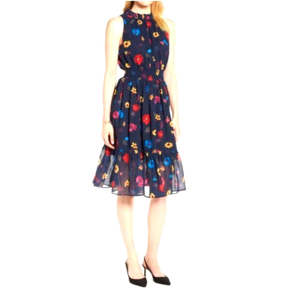 1901 Navy Floral Midi Dress Chiffon A-Line Size 4P